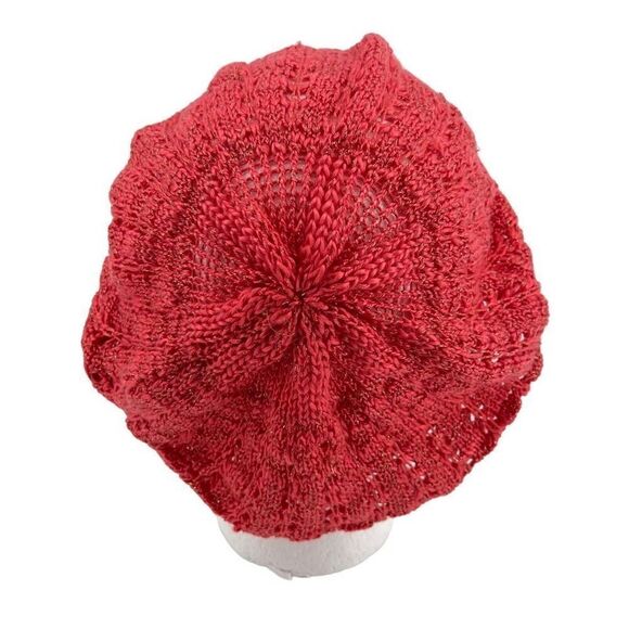 Women’s Red Gold Speckled Open Knit Crochet Ribbed Beanie Beret Hat One Size - Picture 9 of 10